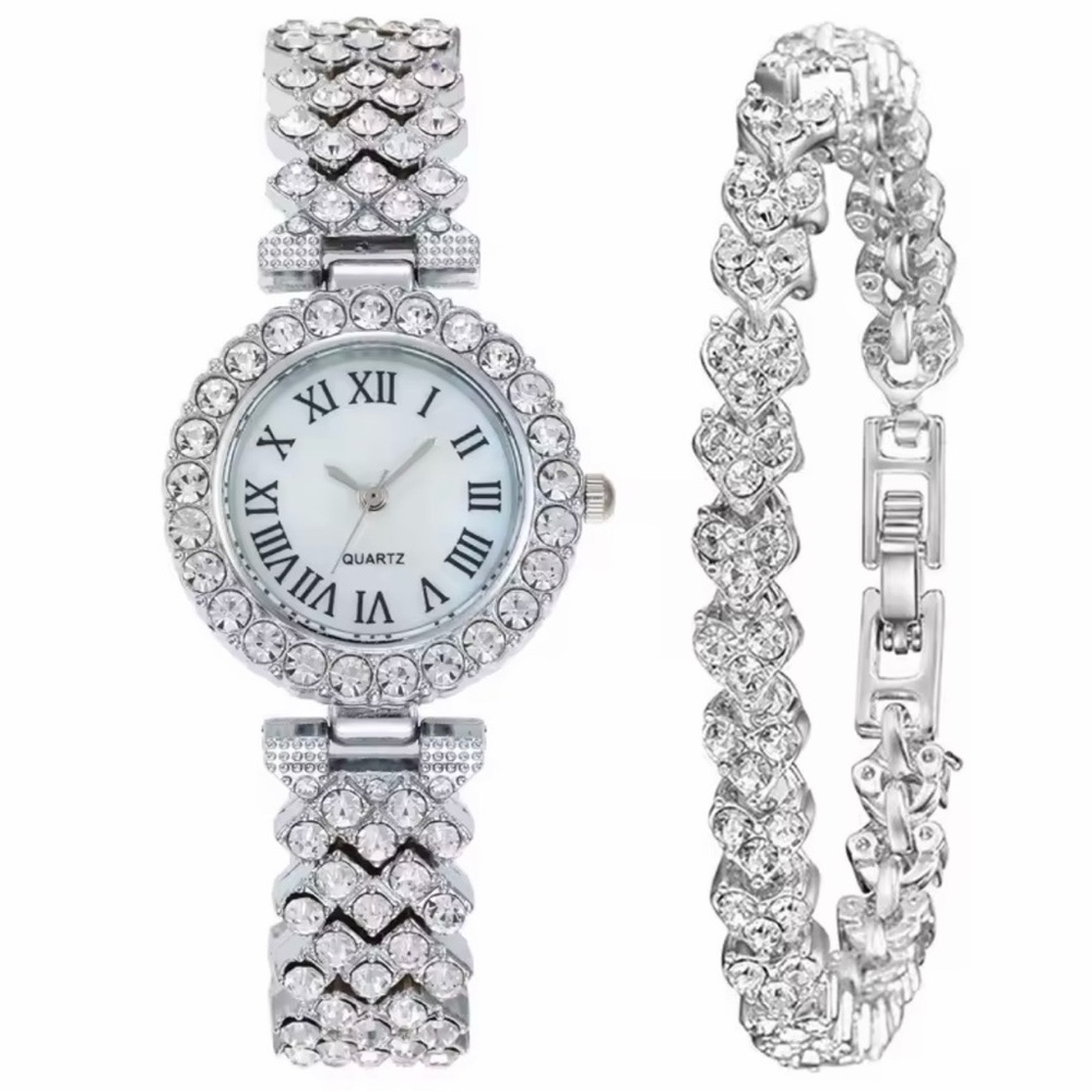 Sparkling Silver Luxury Watch & Bracelet Set Roman Steel Belt Quartz Watch